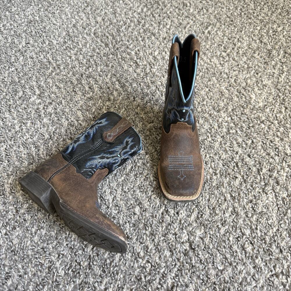 Ariat Kid's 10.5 Tombstone Leather Western Boots Brown Black Blue Square Toe